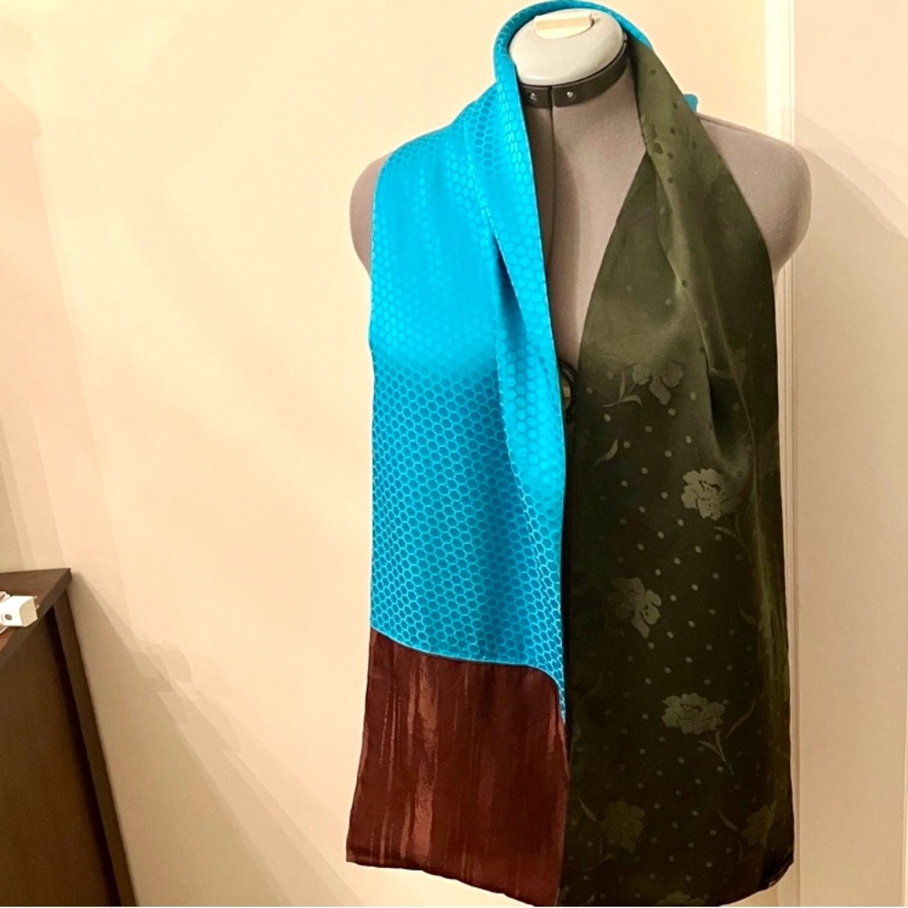 Stunning silk scarf, large oblong, two sided fabric, turquoise, brown & green